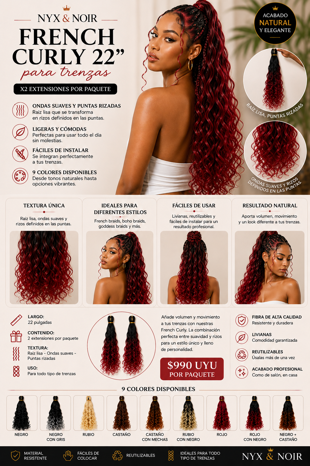 French Curly 22” para Trenzas | Rizos Sueltos y Definidos