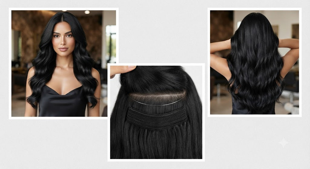 Extensión de Cabello Halo Ondulada 16" | Hilo Invisible | Fibra Sintética Resistente al Calor