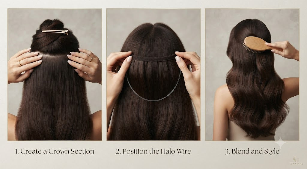 Extensión de Cabello Halo Ondulada 16" | Hilo Invisible | Fibra Sintética Resistente al Calor