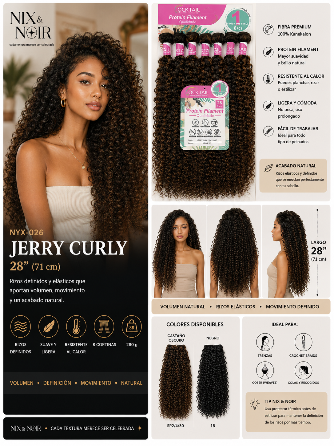 Extensiones de Bioproteína Jerry Curly 28" | 8 Cortinas | 280 g