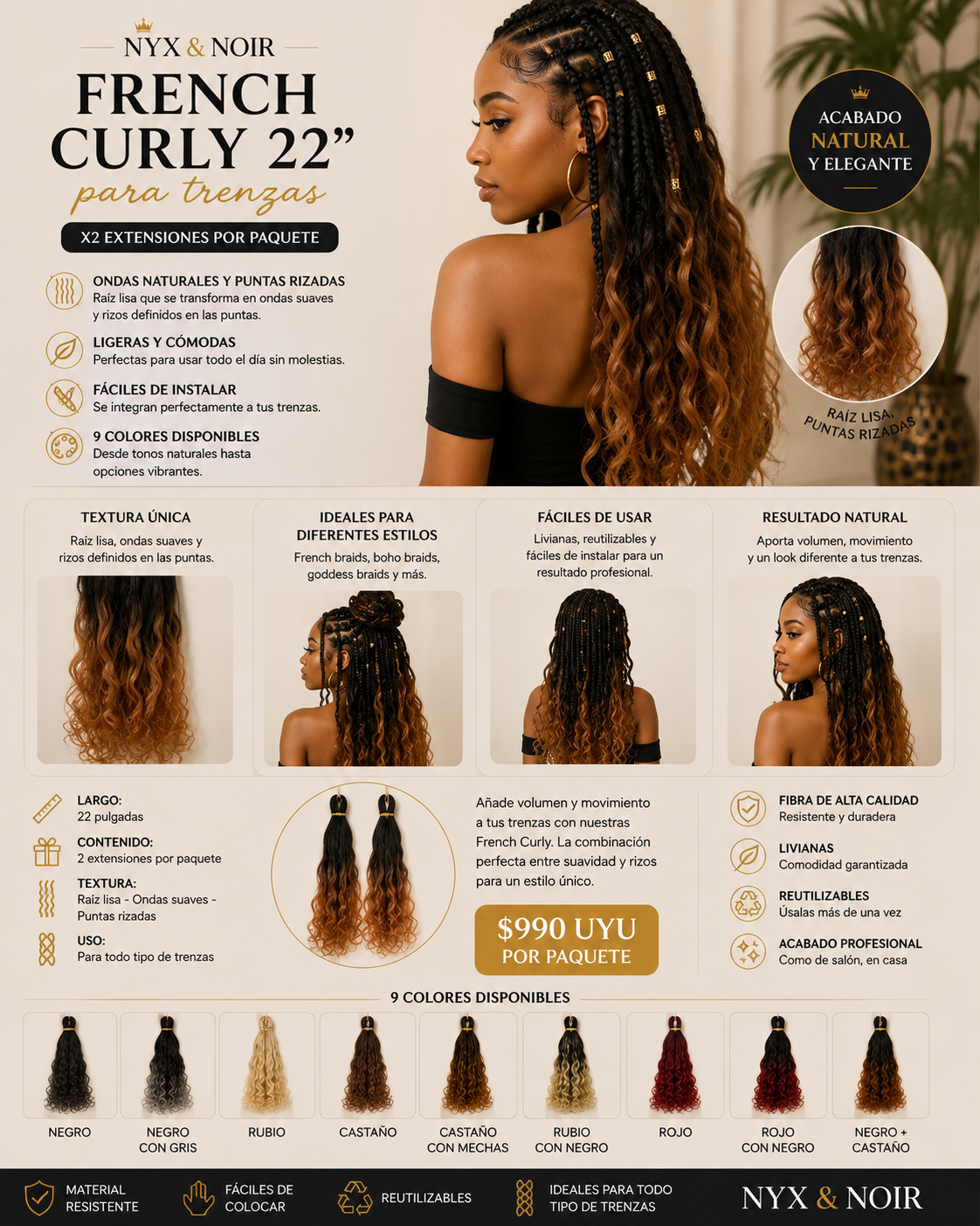 French Curly 22” para Trenzas | Rizos Sueltos y Definidos