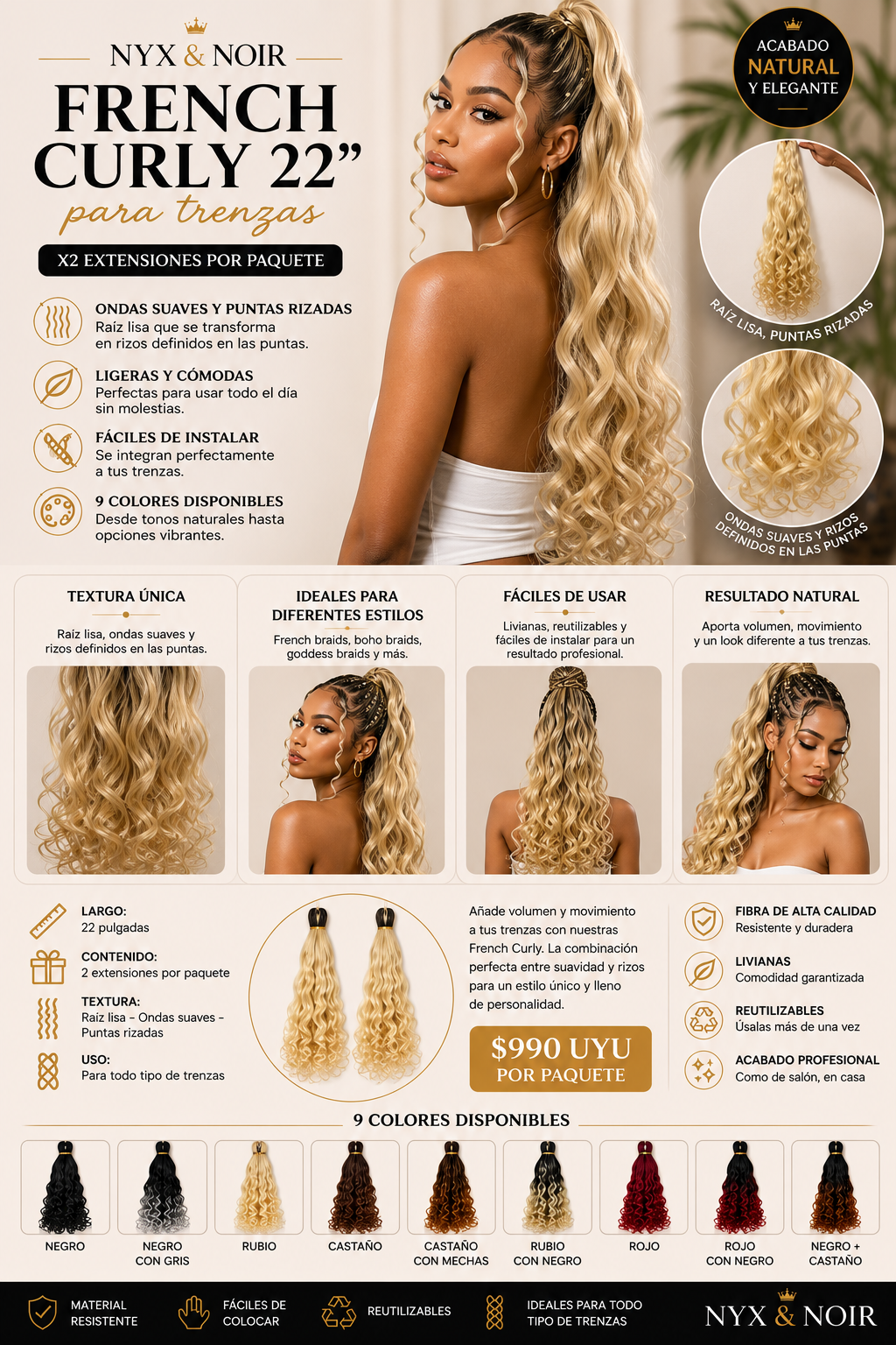 French Curly 22” para Trenzas | Rizos Sueltos y Definidos