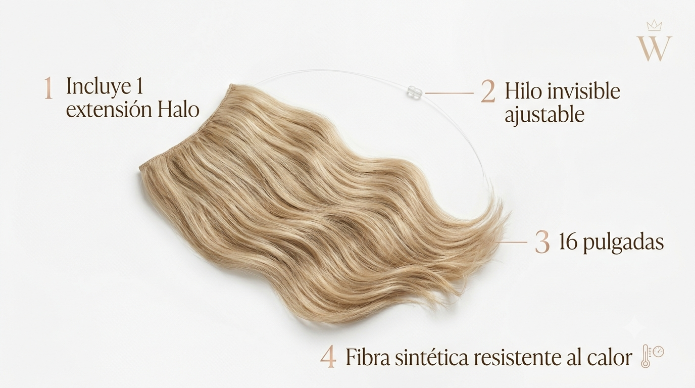 Extensión de Cabello Halo Ondulada 16" | Hilo Invisible | Fibra Sintética Resistente al Calor