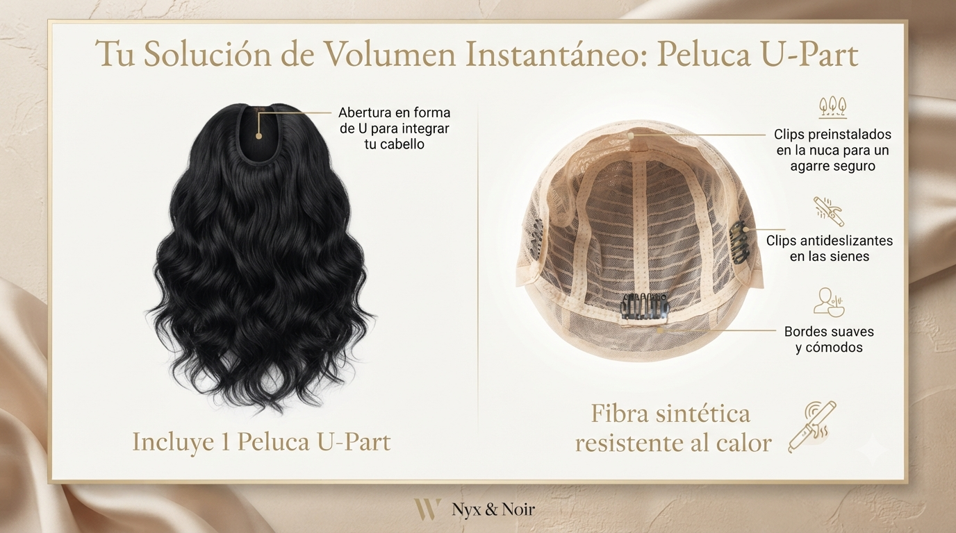 Media Peluca U-Part Rizada 22" | Clips | Fibra Sintética - Nyx & Noir
