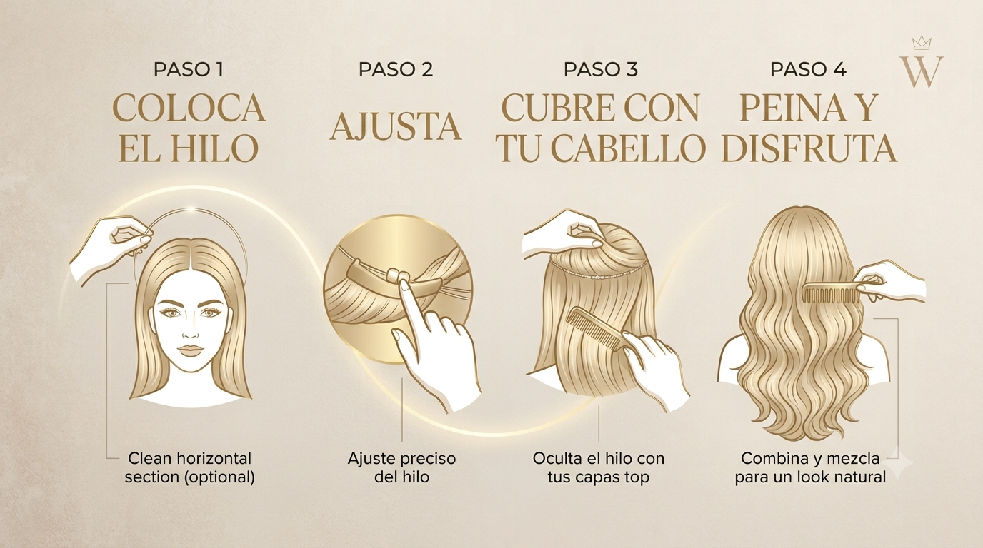Extensión de Cabello Halo Ondulada 16" | Hilo Invisible | Fibra Sintética Resistente al Calor