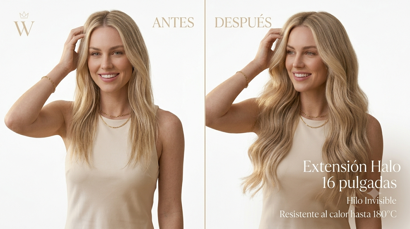 Extensión de Cabello Halo Ondulada 16" | Hilo Invisible | Fibra Sintética Resistente al Calor