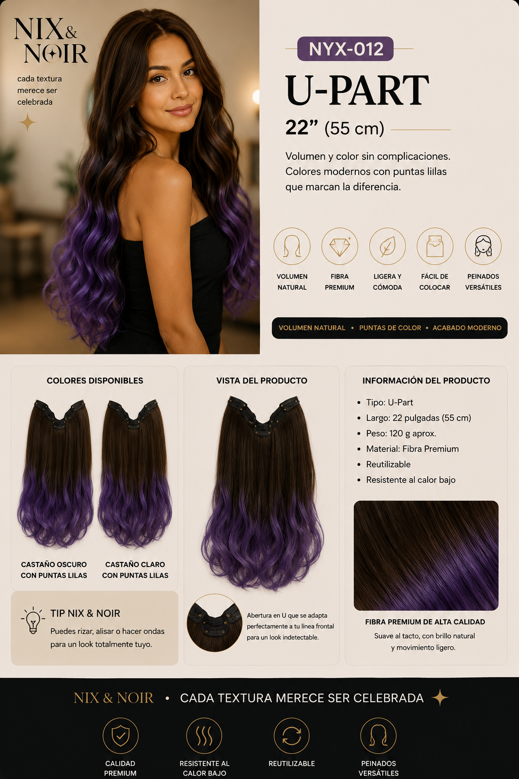 Media Peluca U-Part Water Body Wave 24" | Clips | Fibra Sintética