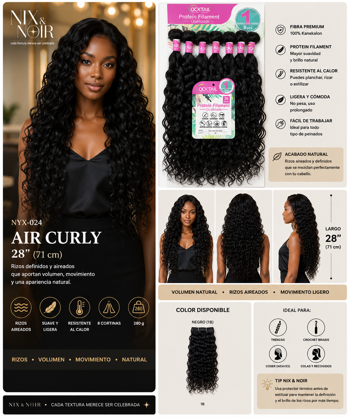 Extensiones de Bioproteína Air Curly 28" | 8 Cortinas | 280 g